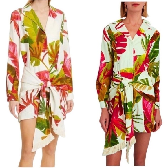FARM Rio Spring Forest Floral Front Wrap Long Sleeve Shirt Mini Dress NEW Small - Picture 1 of 14